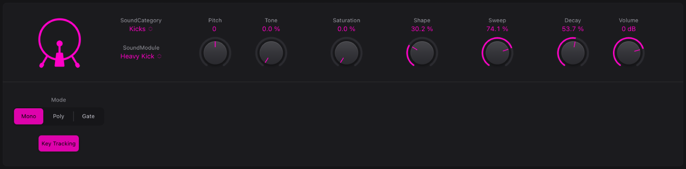 Abbildung. Bedienoberfläche von Drum Synth mit einem Kickdrum-Sound und den dazugehörigen Parametern. Die Parameter ändern sich, wenn ein anderer Kickdrum-Sound gewählt wird.