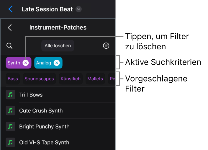 Abbildung. Ansicht der Instrument-Patches in der Übersicht mit aktiven Suchkriterien und Filtervorschlägen.