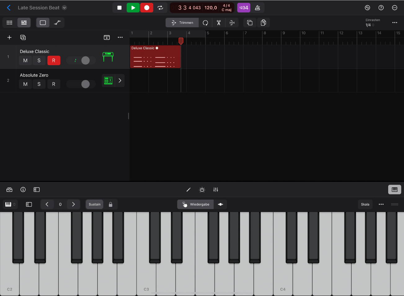 Abbildung. Aufnehmen eines Software-Instruments in einer Software-Instrument-Spur.