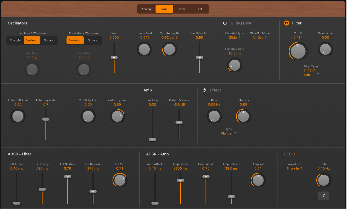 Abbildung. Parameter für Sync-Oszillator in Retro Synth