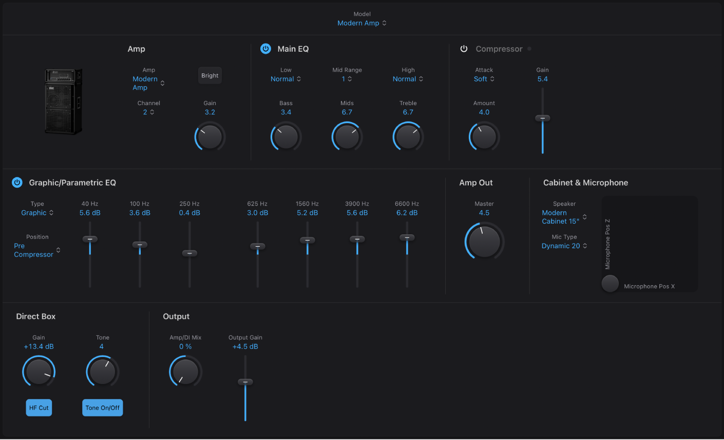 Abbildung. Bass Amp Designer-Fenster mit Oberflächenbereichen