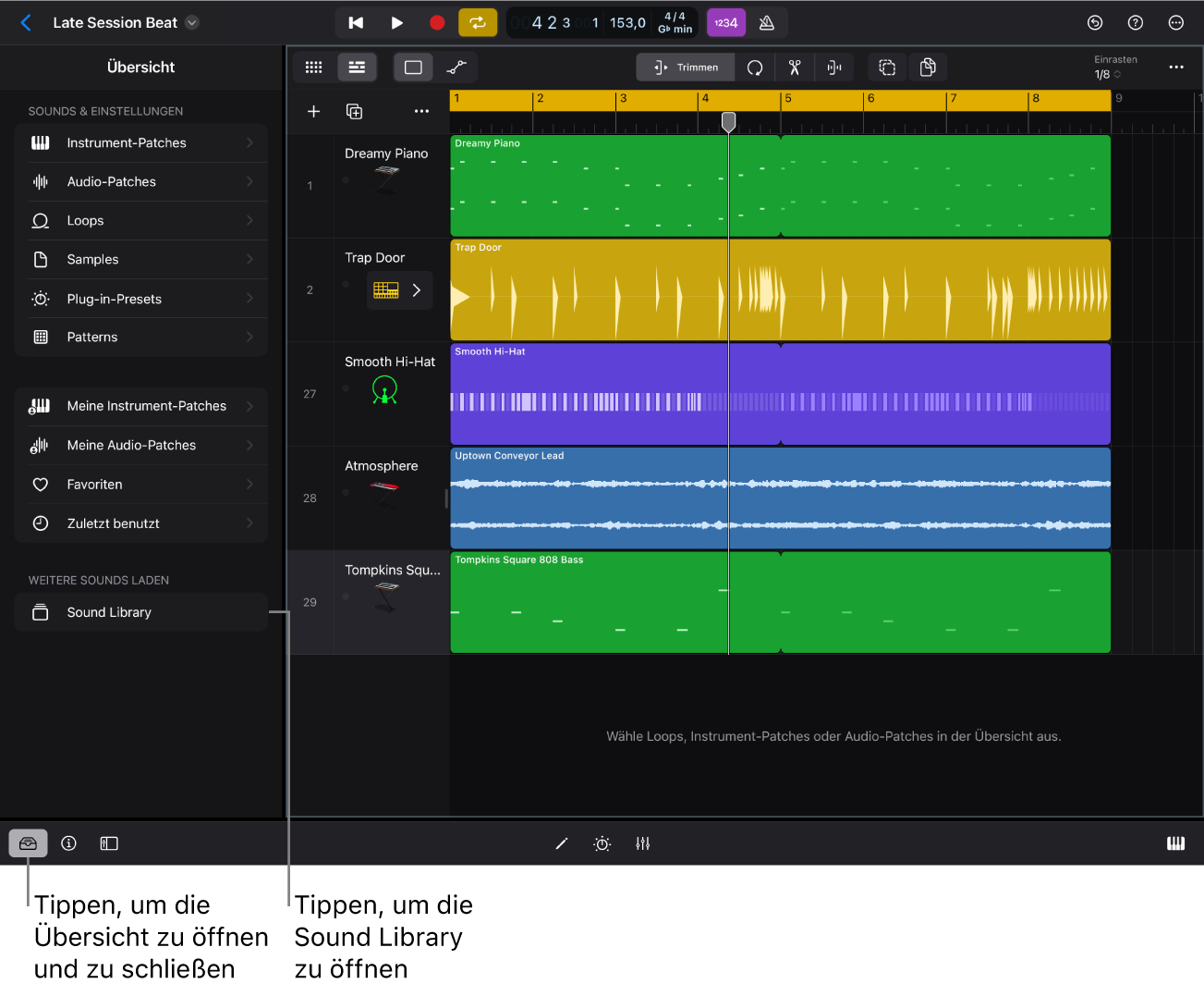 Abbildung. Die Übersicht in Logic Pro für iPad.