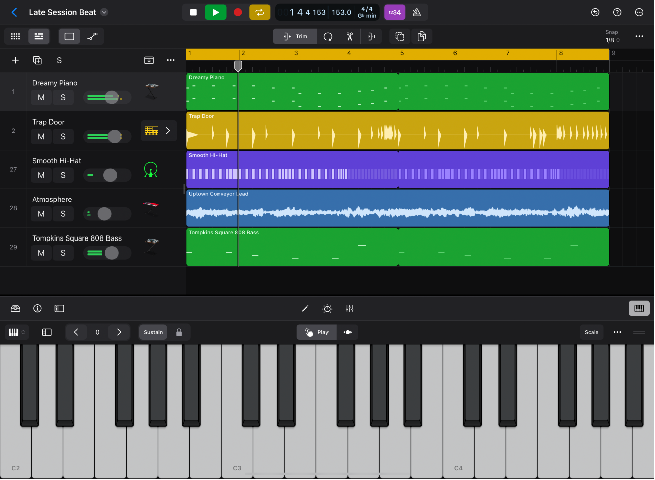 Figure. Logic Pro project playing, with Tracks area and Play Surface visible.