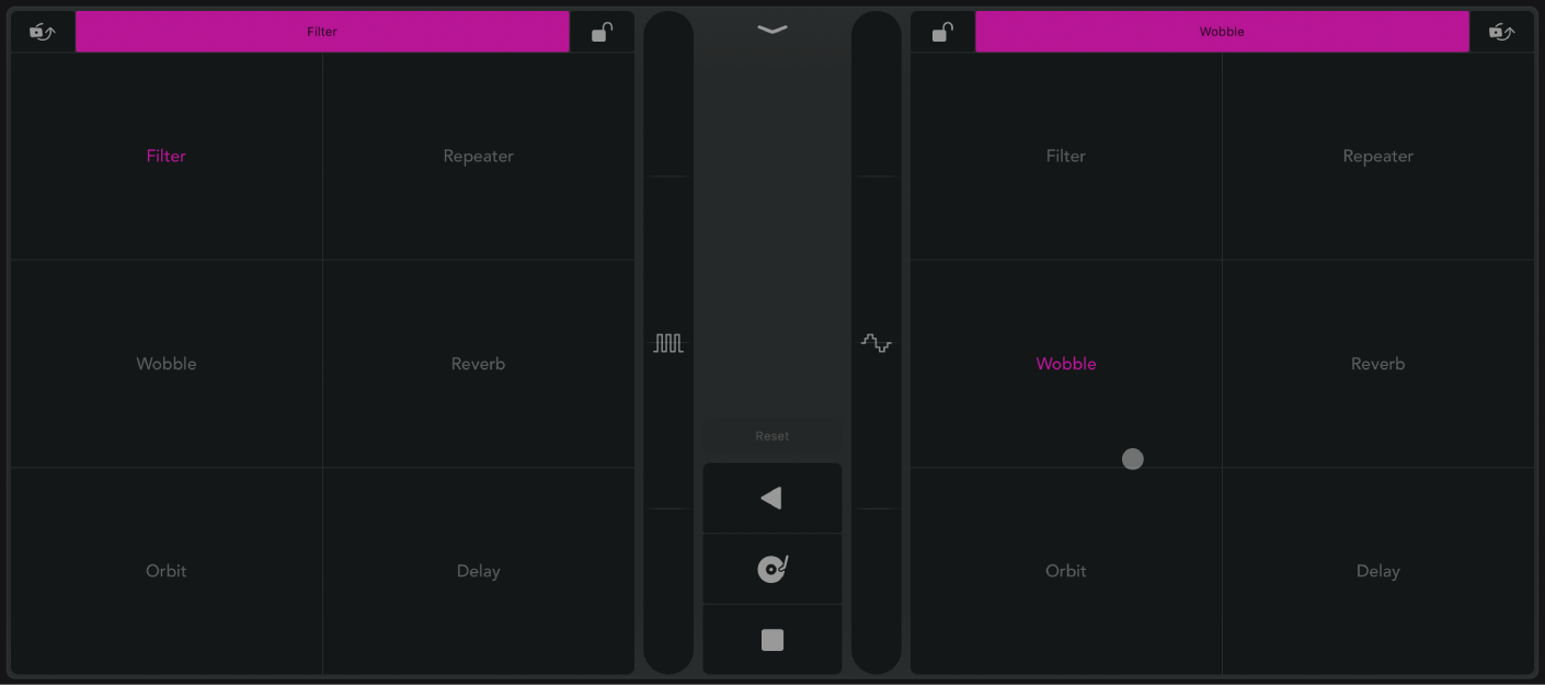 Figure. Remix FX showing a grid of different effect types for the left and right XY pads.