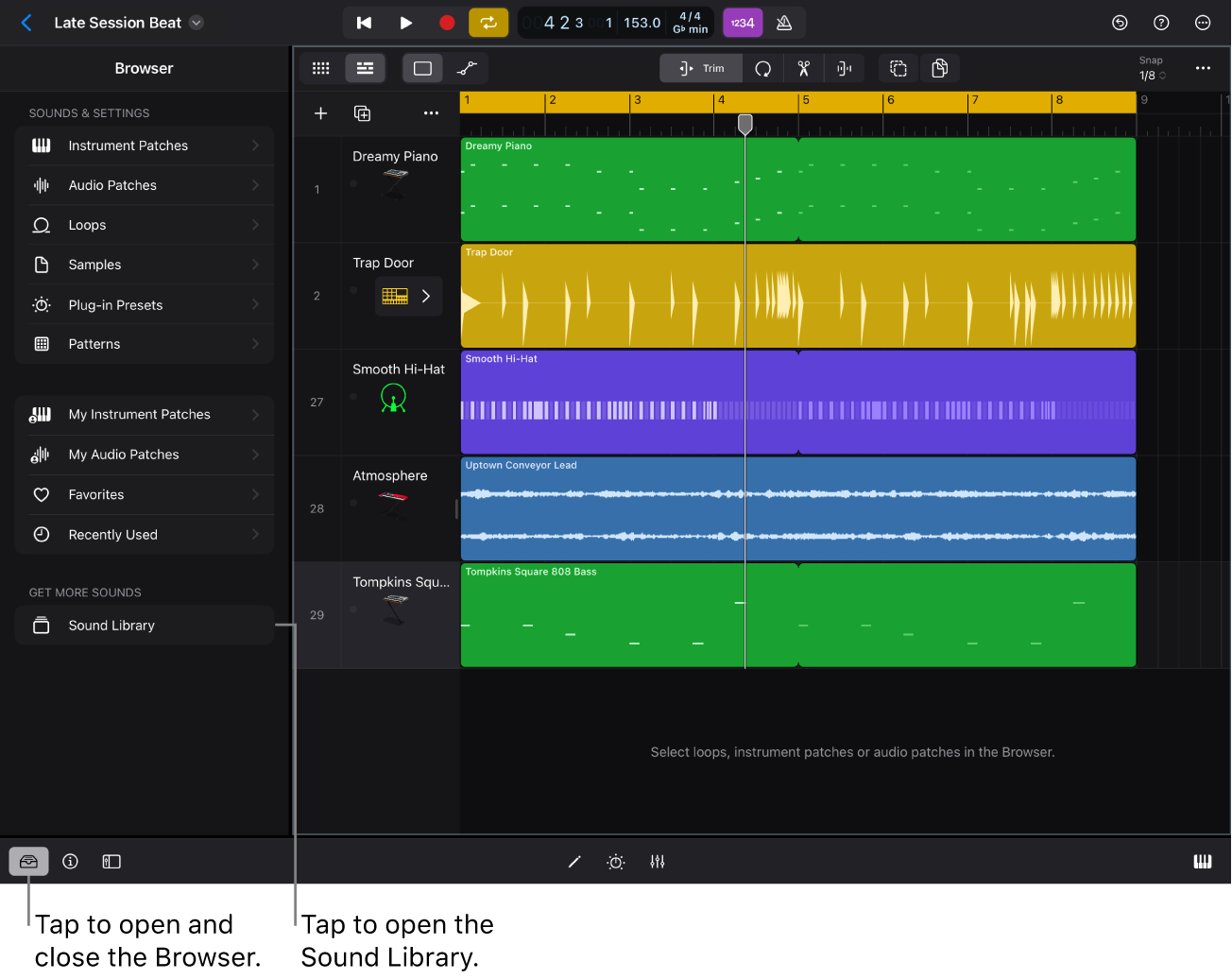 Figure. The Browser in Logic Pro for iPad.