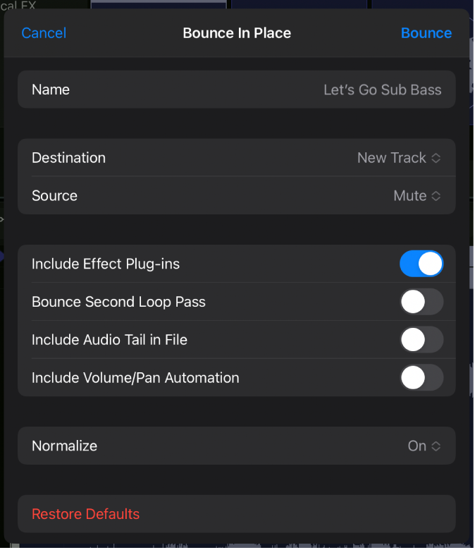 Figure. Bounce Cells in Place dialog.