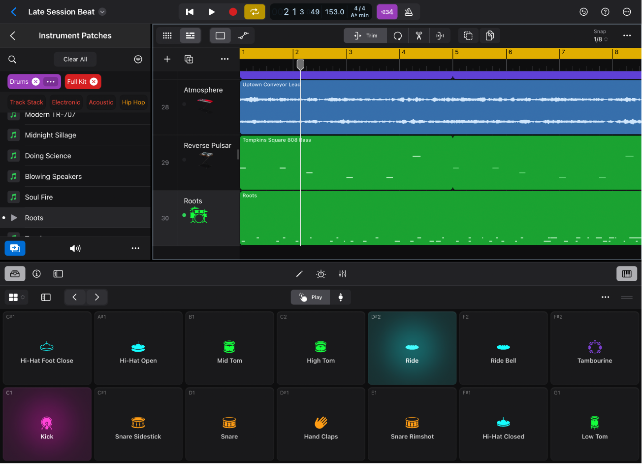 Figure. Logic Pro for iPad with the Drum Pads Play Surface open.