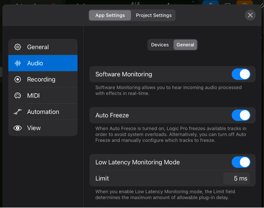 Figure. General Audio settings.