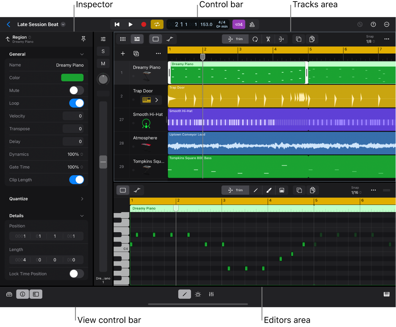 Figure. Logic Pro project playing, with Tracks area, inspector, and Piano Roll Editor visible.