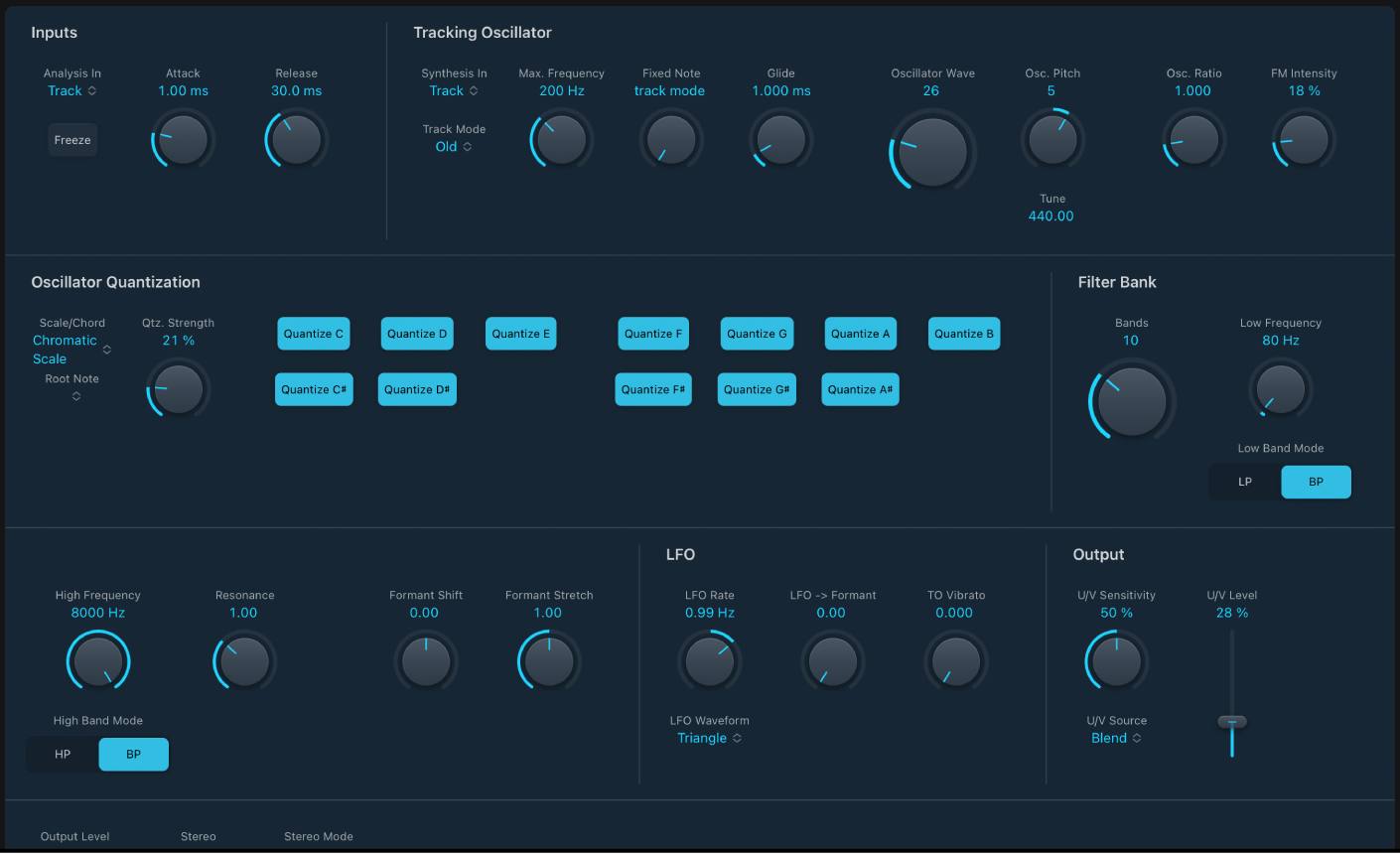 Figure. EVOC 20 TrackOscillator window, showing main interface areas.