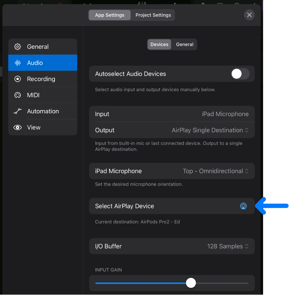 Figure. Devices Audio settings with Select AirPlay Device button.