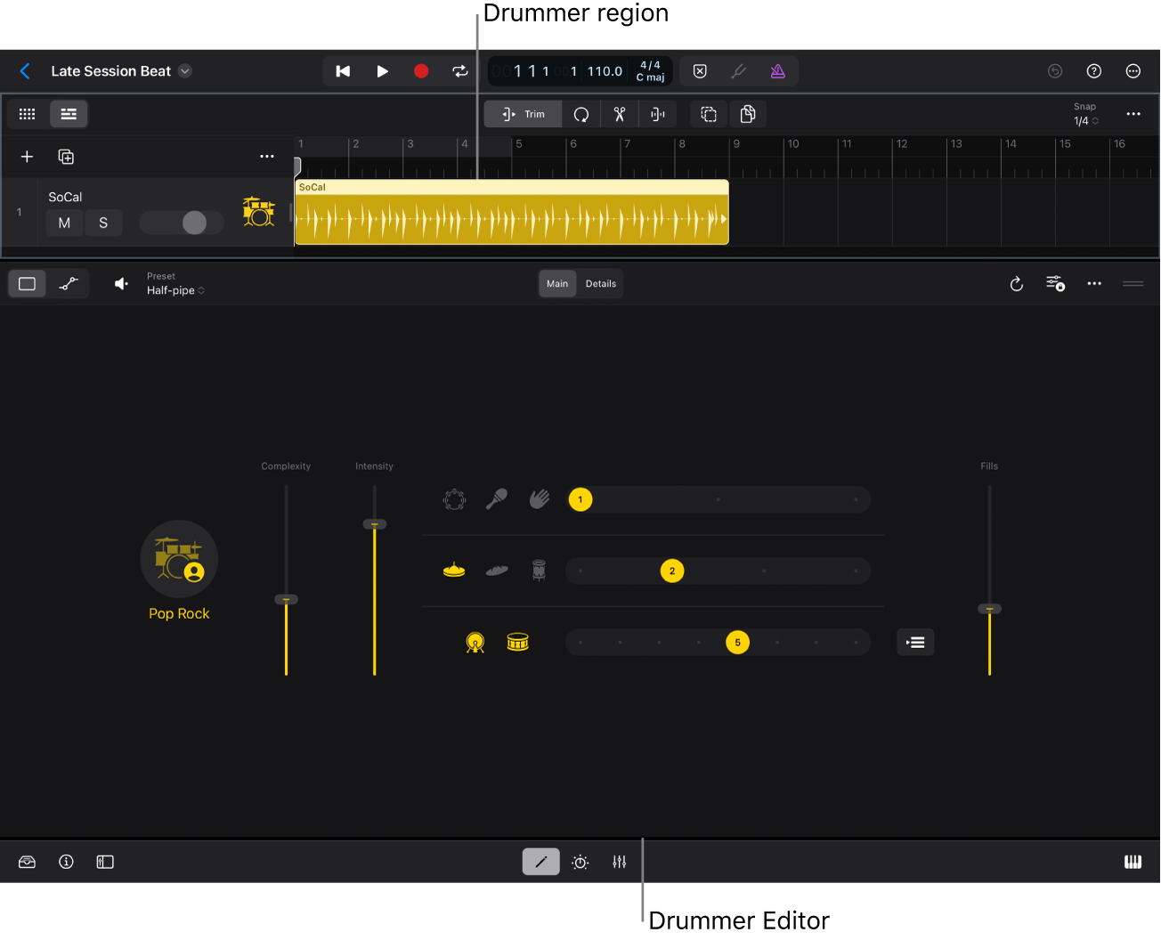 Figure. A Drummer region and the Drummer Editor.