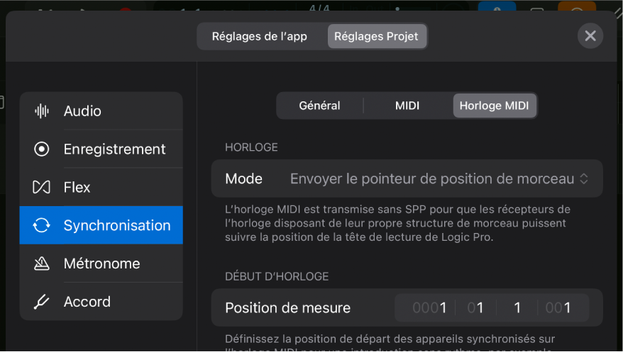 Réglages « Horloge MIDI » du projet de la section Synchronisation.