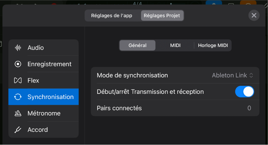 Réglages généraux de synchronisation du projet.