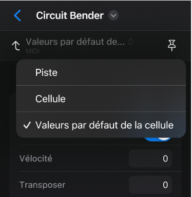 Figure. Menu local Niveau de l’inspecteur dans l’inspecteur de cellule.