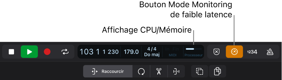 Figure. Affichage de processeur et bouton Mode de monitoring de faible latence.