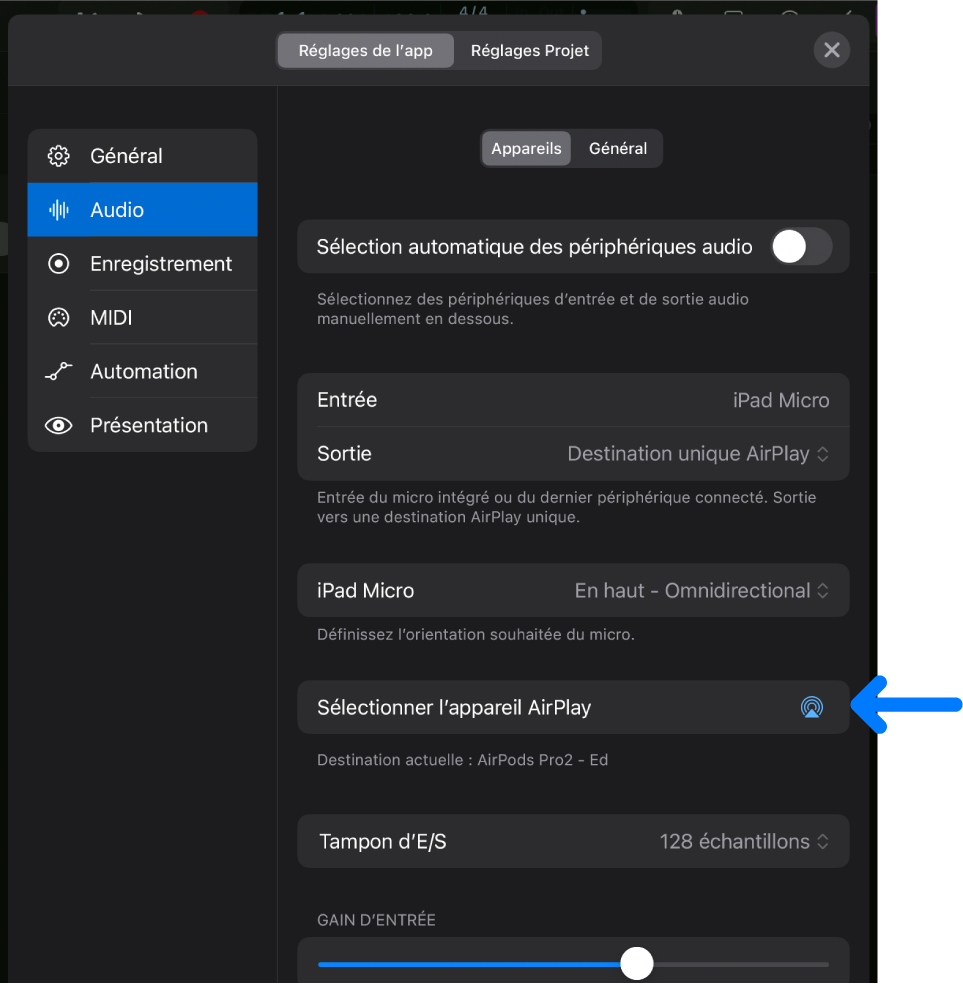 Figure. Réglages audio d’appareils, avec le bouton « Sélectionner l’appareil AirPlay ».