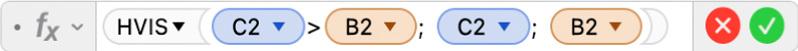 Formelværktøjet viser formlen =HVIS(C2>B2, C2, B2).