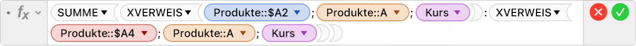 Der Formel-Editor mit der Formel =SUMME(XVERWEIS(Produkte::$A2;Produkte::A;Preis):XVERWEIS(Produkte::$A4;Produkte::A;Preis))