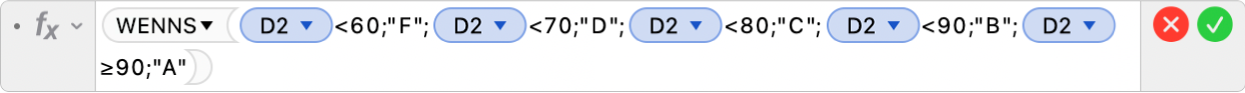 Der Formel-Editor mit der Formel =WENNS(D2<60;"5";D2<70;"4";D2<80;"3";D2<90;"2";D2≥90;"1")