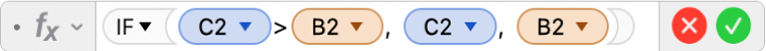 The Formula Editor showing the formula =IF(C2>B2, C2, B2).