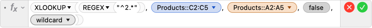 The formula editor showing the formula =XLOOKUP(REGEX("^2.*"), Products::C2:C5, Products::A2:A5, FALSE,2).