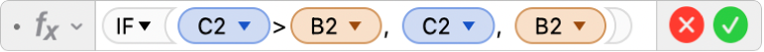 The Formula Editor showing the formula =IF(C2>B2, C2, B2).