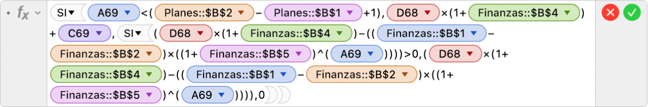 El editor de fórmulas muestra la función Si utilizando condiciones y comodines, tales como < y ^.