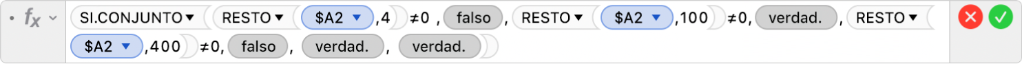 El editor de fórmulas mostrando la fórmula =SI.CONJUNTO(RESTO($A2,4)≠0 ,FALSO,RESTO($A2,100)≠0,VERDADERO,RESTO($A2,400)≠0,FALSO, VERDADERO, VERDADERO).