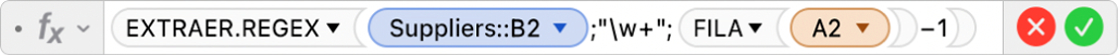 El editor de fórmulas muestra la fórmula =EXTRAER.REGEX(Proveedores::B2,"\w+",FILA(A2)-1).