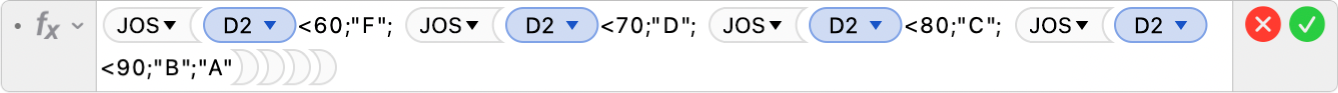 Kaavan muokkaajassa näkyy kaava =JOS(D2<60,"F"; JOS(D2<70;"D"; JOS(D2<80;"C"; JOS(D2<90;"B";"A")))).