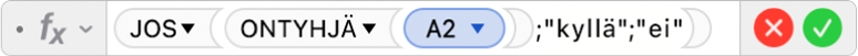 Kaavan muokkaajassa näkyy kaava =JOS(ONTYHJÄ(A2);"kyllä";"ei").