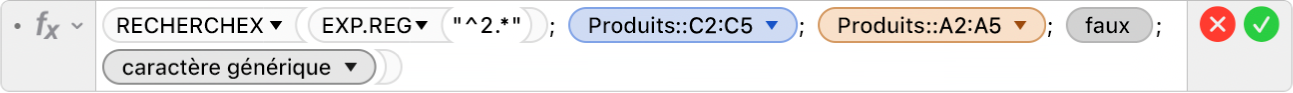 L’éditeur de formules présentant la formule =RECHERCHEX(EXP.REG("^2.*");Produits::C2:C5;Produits::A2:A5;FAUX;2).