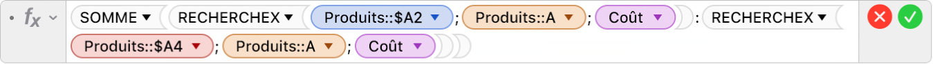 L’éditeur de formules présentant la formule =SOMME(RECHERCHEX(Produits::$A2;Produits::A;Prix):RECHERCHEX(Produits::$A4;Produits::A;Prix)).