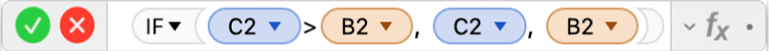 עורך הנוסחאות מציג את הנוסחה ‎=IF(C2>B2, C2, B2)‎.