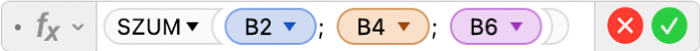 A Képletszerkesztő az =SUM(B2, B4, B6) képlettel.