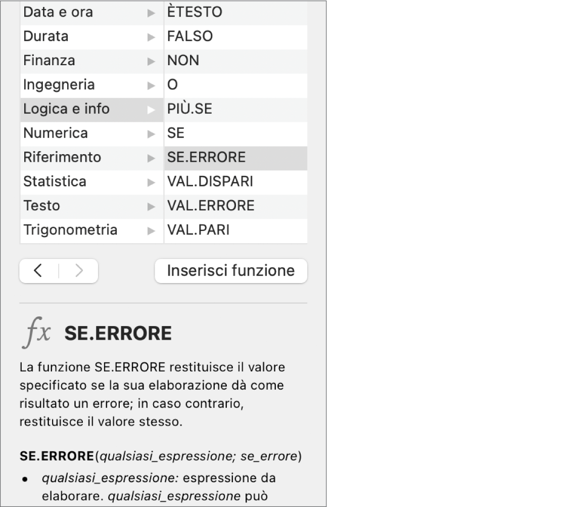 Il browser Funzioni che mostra le informazioni per la funzione SE.ERRORE.