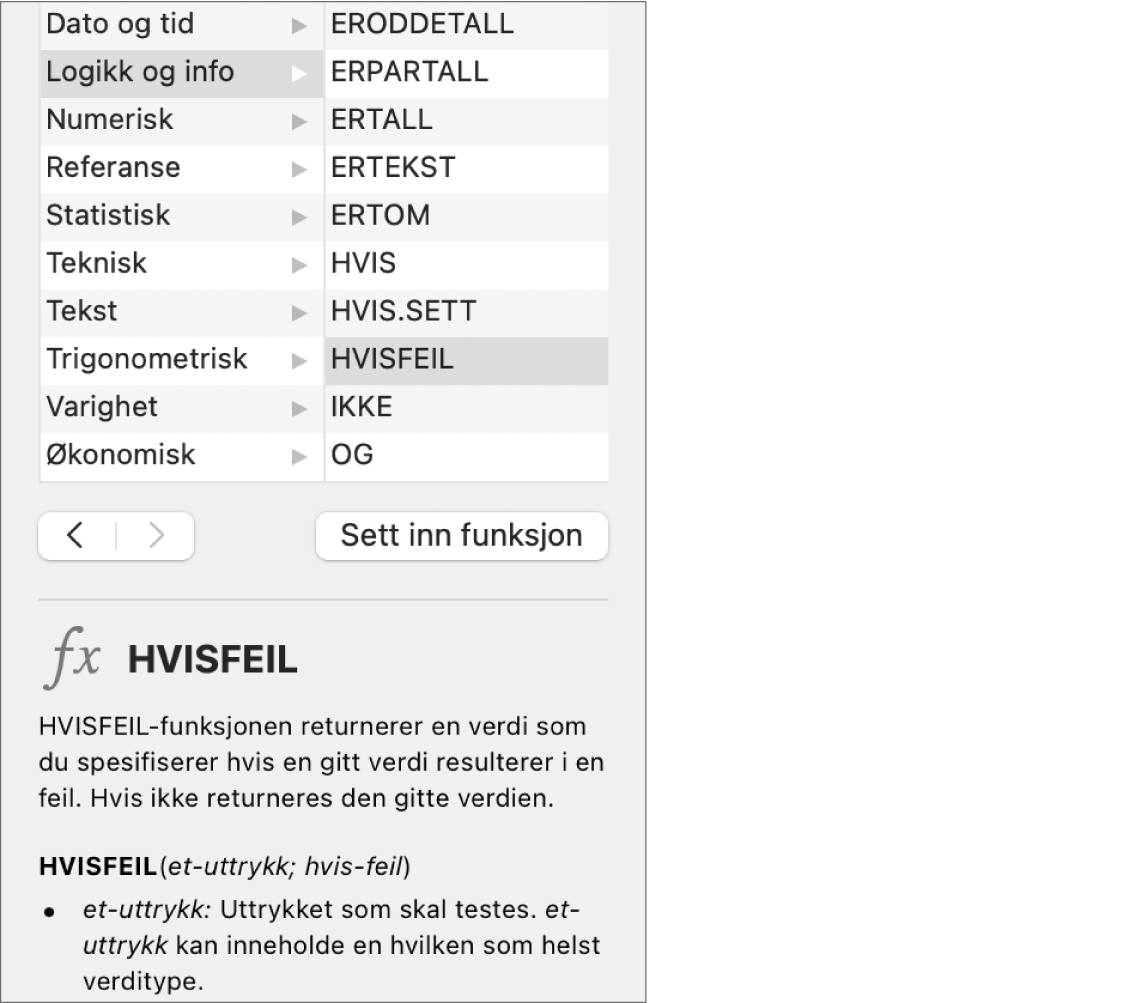 Funksjonsnavigering viser informasjon for funksjonen HVISFEIL.