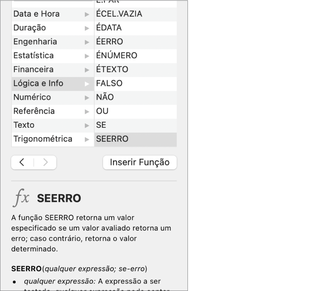 Navegador de Funções mostrando informações para a função SEERRO.