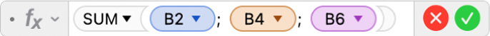 Editorul de formule afișând formula = =SUM(B2; B4; B6).