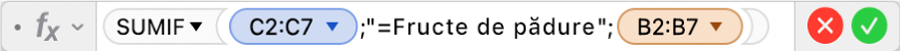 Editorul de formule afișând formula =SUMIF(C2:C7;"=Fructe de pădure";B2:B7).