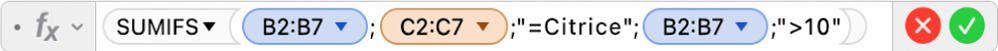 Editorul de formule afișând formula =SUMIFS(B2:B7;C2:C7;"=Citrice";B2:B7;">10").