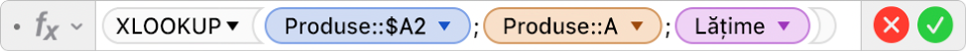 Editorul de formule afișând formula =XLOOKUP(Produse::$A2;Produse::A;Lățime).