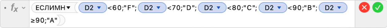 Редактор формул, в котором отображается формула: =ЕСЛИМН(D2<60;"F";D2<70;"D";D2<80;"C";D2<90;"B";D2≥90;"A").