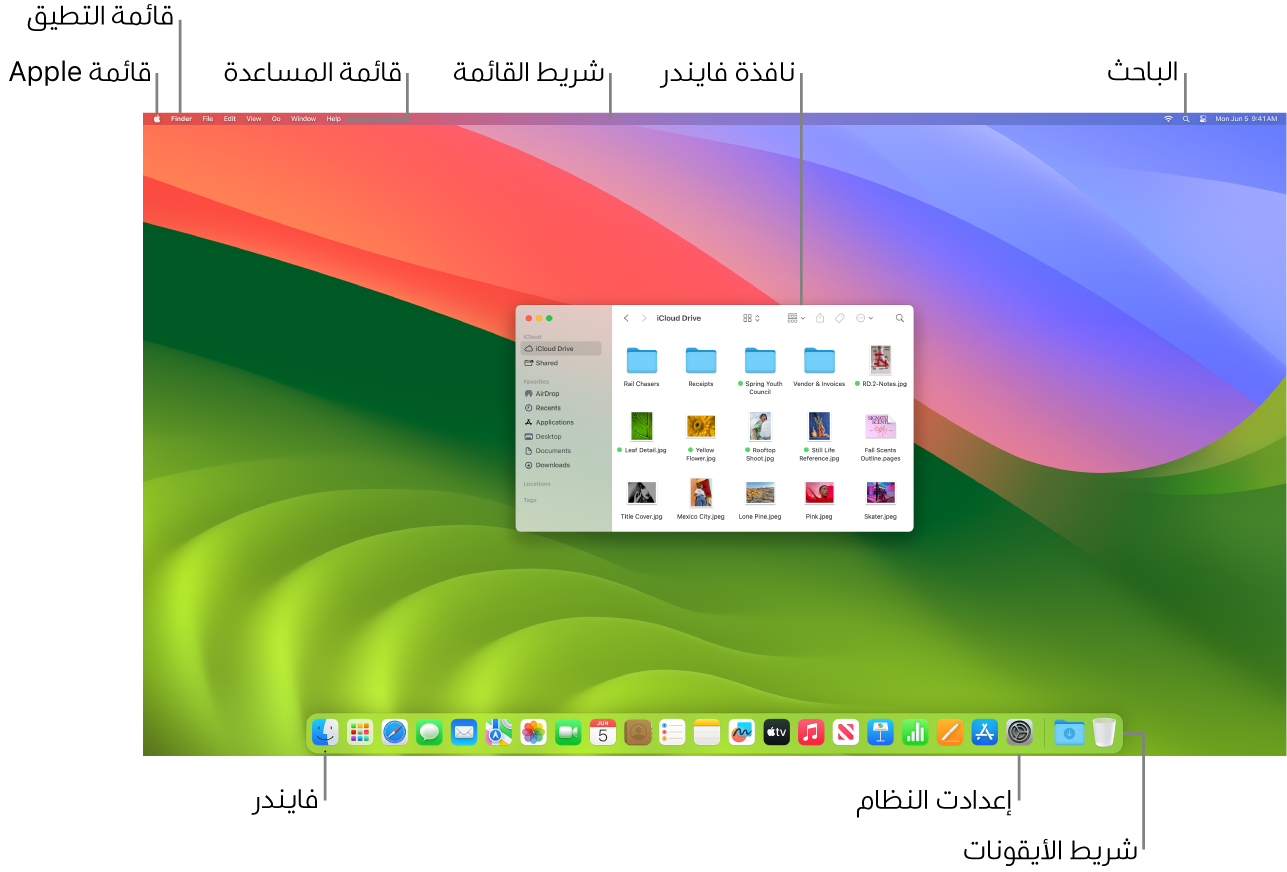 شاشة Mac تعرض قائمة Apple والقائمة مساعدة وشريط القائمة ونافذة فايندر وأيقونة الباحث وأيقونة فايندر وأيقونة إعدادات النظام وشريط الأيقونات.