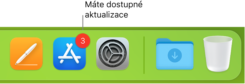 Část Docku s ikonou App Storu, na níž je vidět odznak s počtem dostupných aktualizací