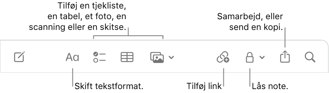 Værktøjslinjen Noter med billedforklaringer til værktøjerne tekstformat, tjekliste, tabel, link, fotos/medier, lås, del og send en kopi.