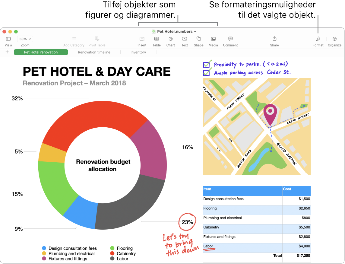 Et Numbers-vindue med værktøjslinjen og dens redigeringsværktøjer øverst, knappen Samarbejd øverst til højre og knapperne Format og Organiser til højre.