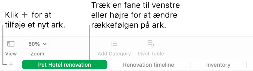 Et Numbers-vindue, der viser, hvordan du tilføjer et nyt ark og flytter rundt på ark.