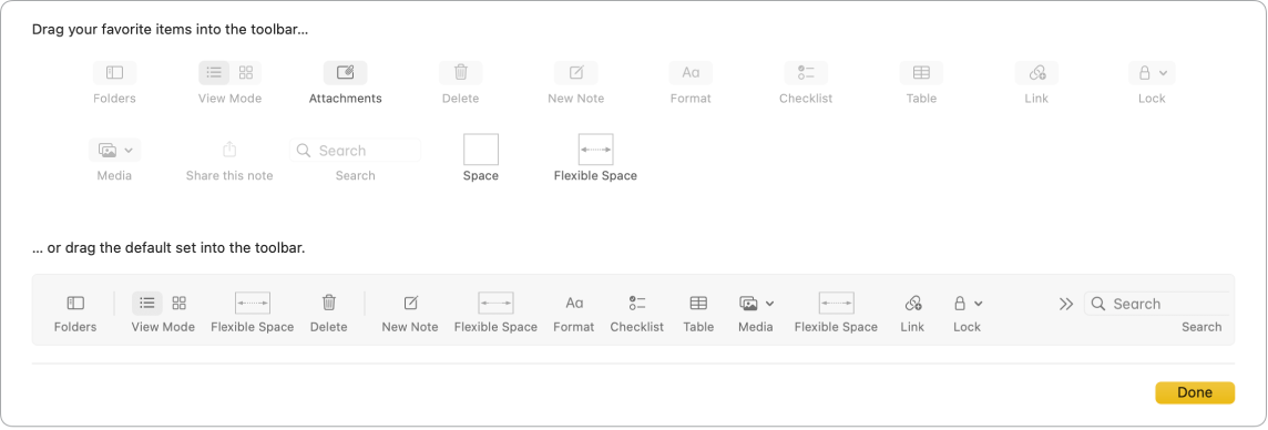 A Notes window showing the customize toolbar options that are available.